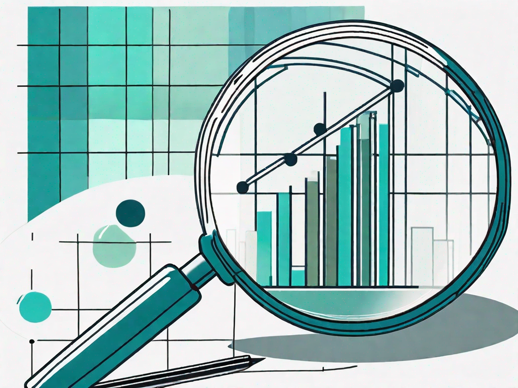 A magnifying glass hovering over a bar graph and pie chart