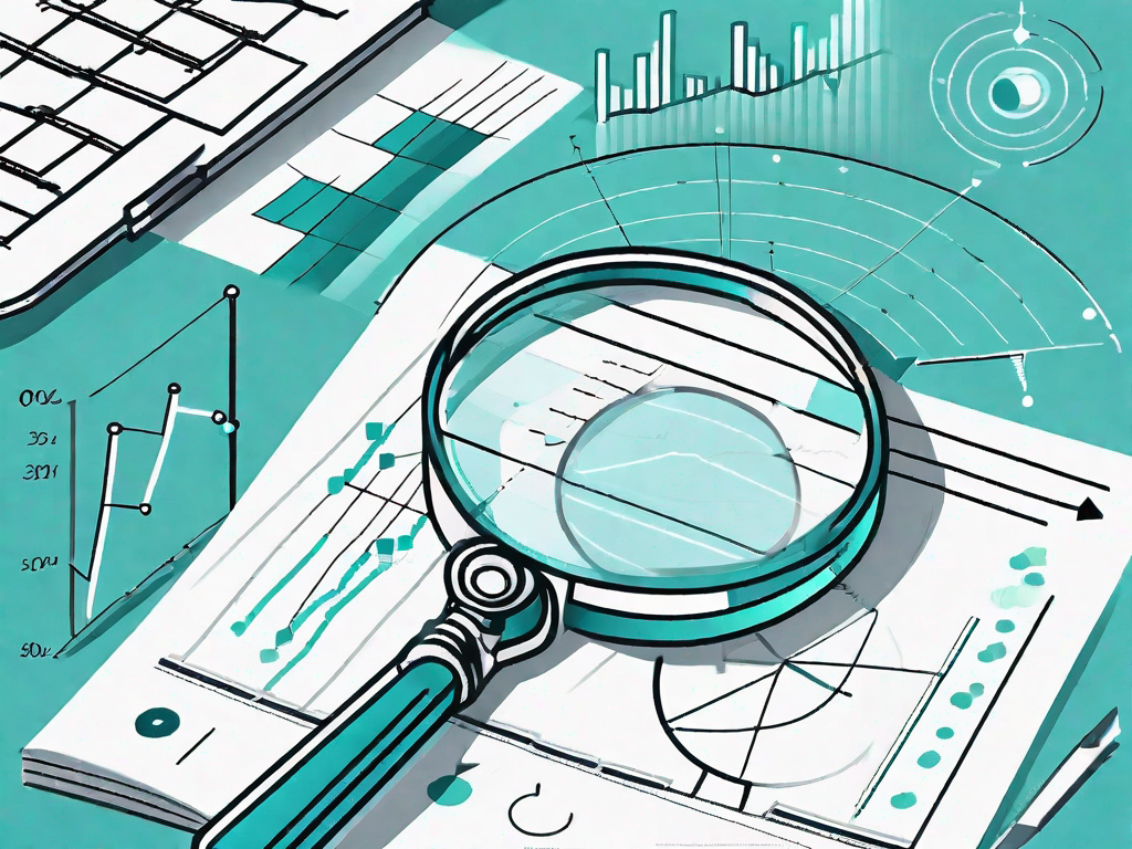 A magnifying glass hovering over a chart with data points and statistical symbols