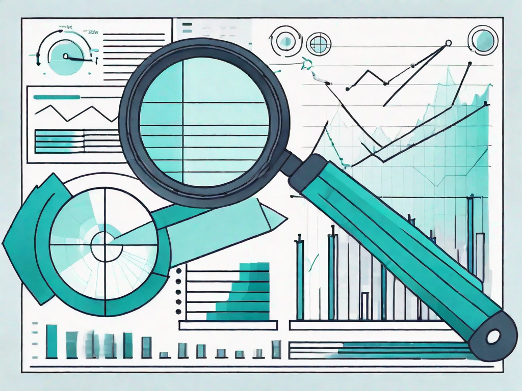 A magnifying glass hovering over a pile of data charts and graphs