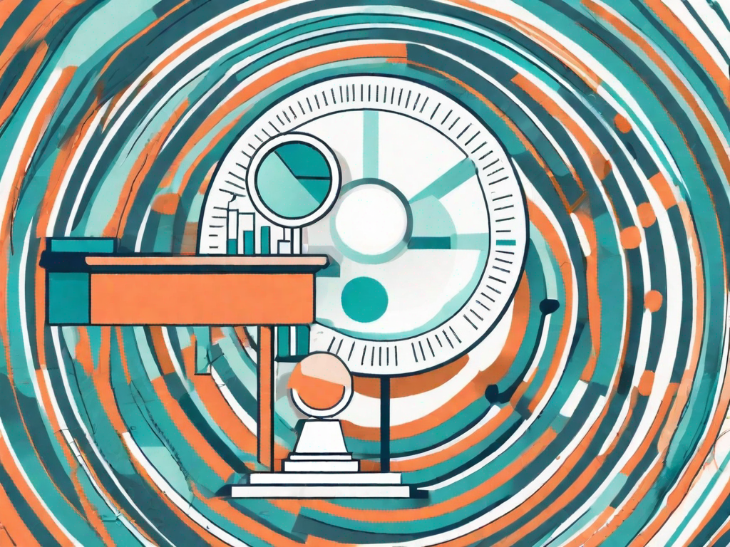 A magnifying glass hovering over a bar graph and pie chart