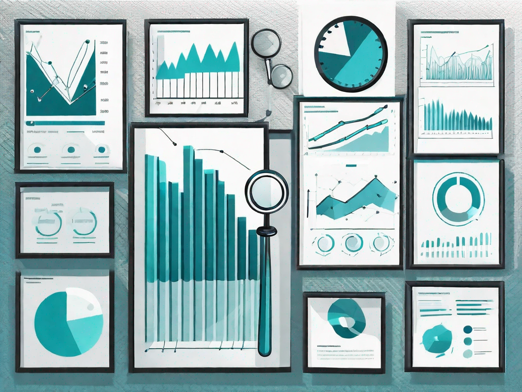 Various statistical graphs and charts that are being inspected by a magnifying glass