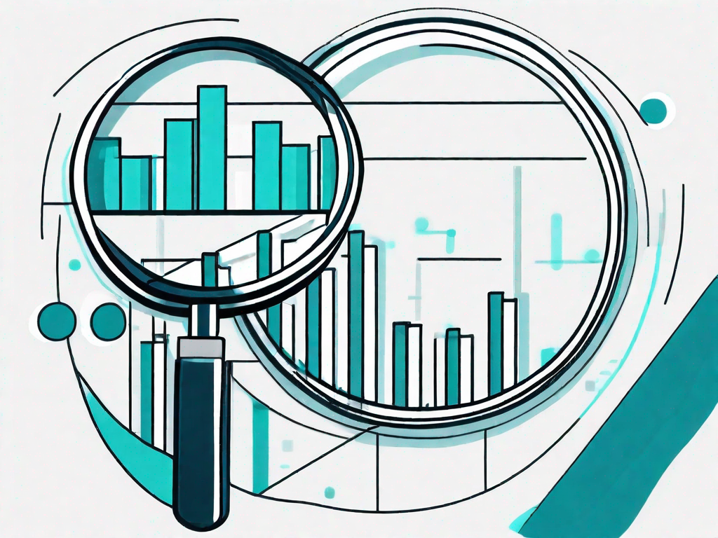 A magnifying glass scrutinizing a bar chart and a pie chart