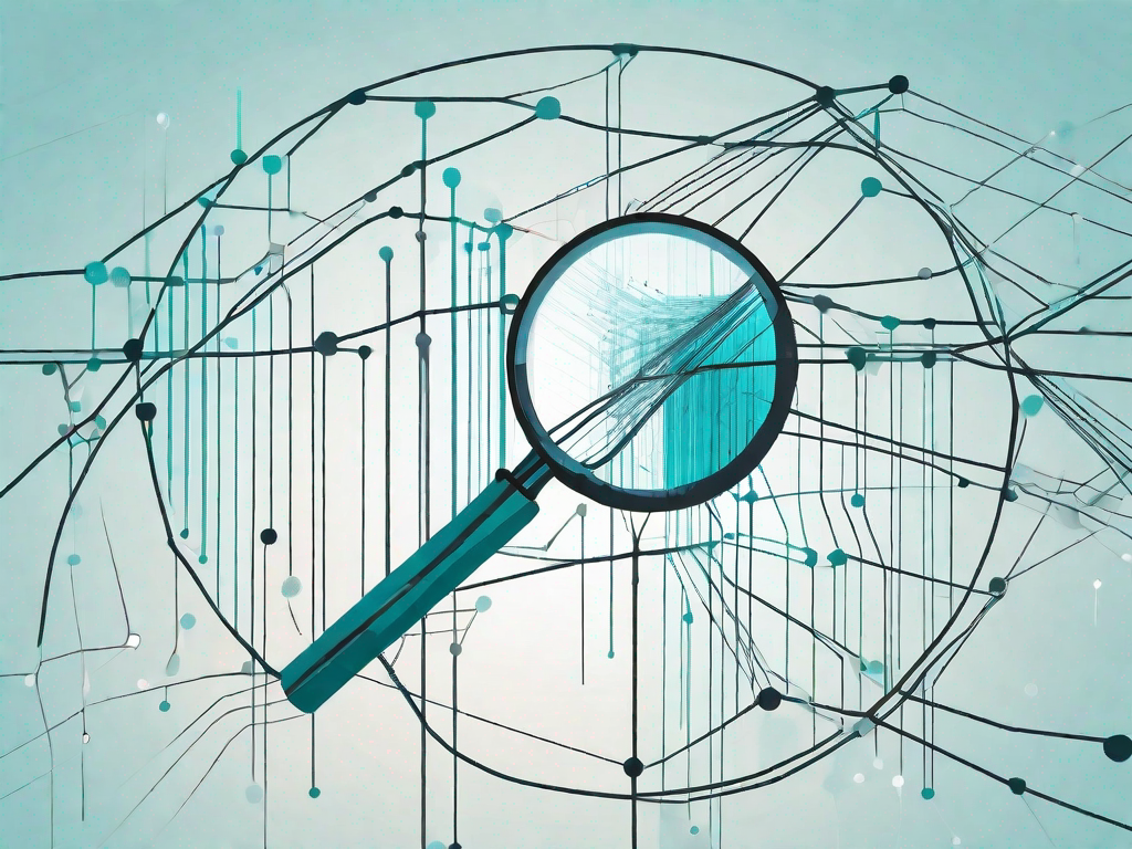 A magnifying glass hovering over a complex network of data points and lines