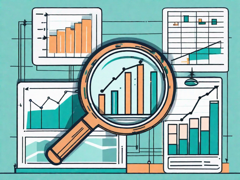 A magnifying glass hovering over a series of bar graphs and pie charts