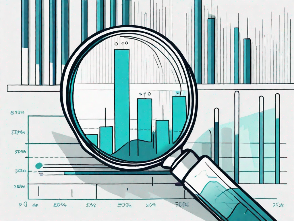 A magnifying glass examining a bar graph