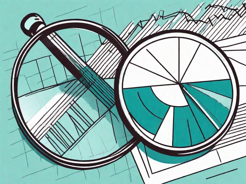 A magnifying glass hovering over a bar graph and pie chart