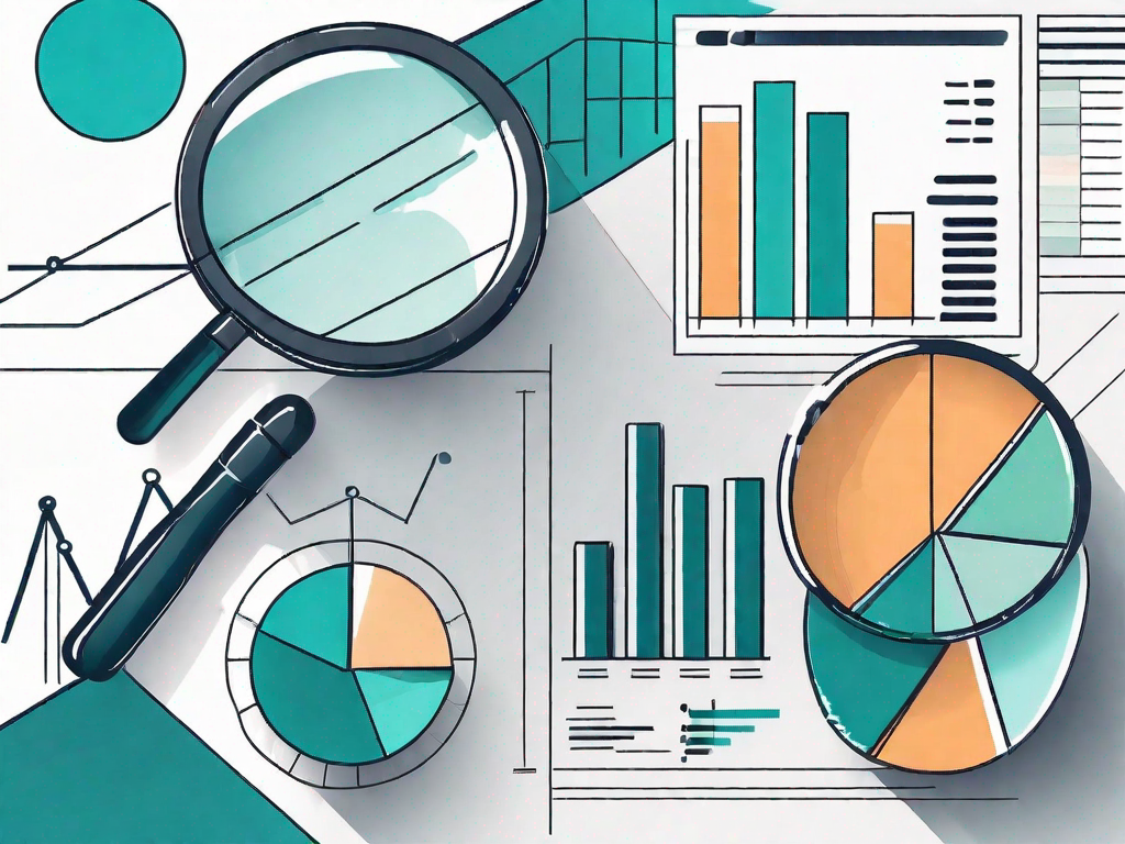 A magnifying glass hovering over a pie chart and bar graph