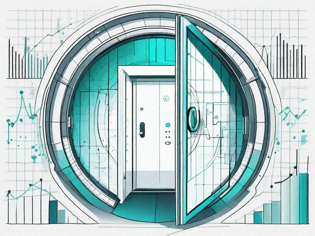 A large vault door opening to reveal streams of data in various forms like charts