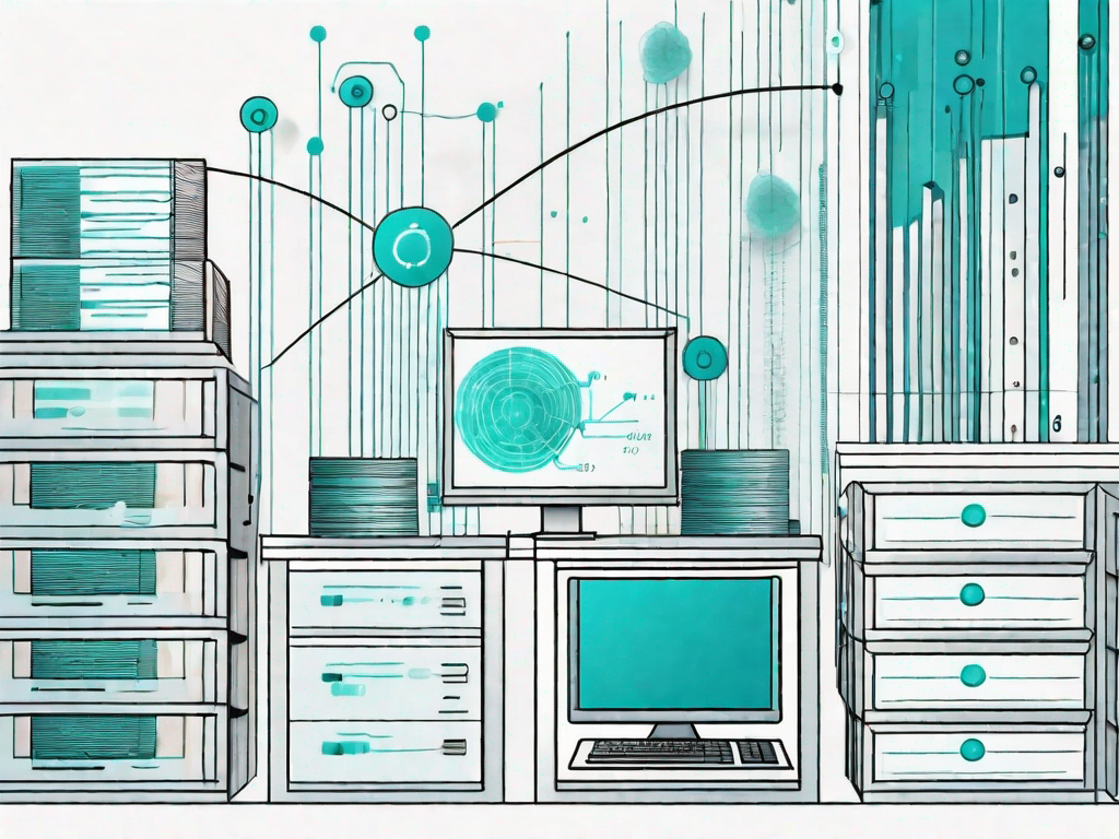 A computer server with various data files being processed and transformed into a clear