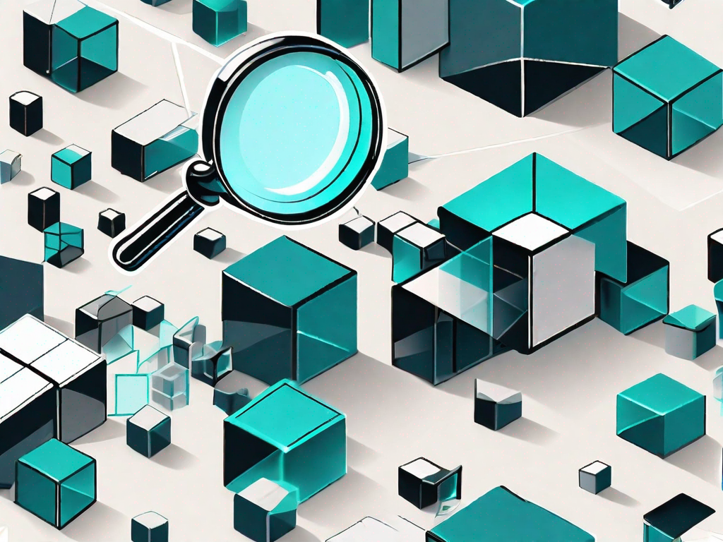 Various sized 3d cubes (representing data volume) being funneled into a large magnifying glass (symbolizing data analysis)