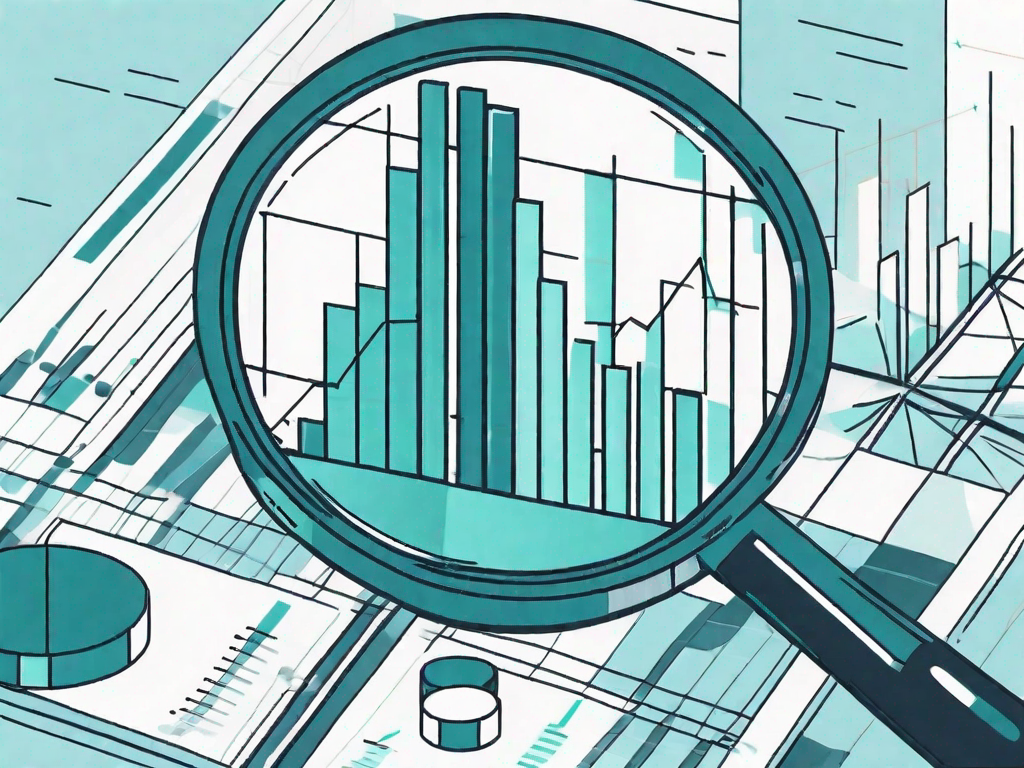 A magnifying glass hovering over a bar graph and pie chart