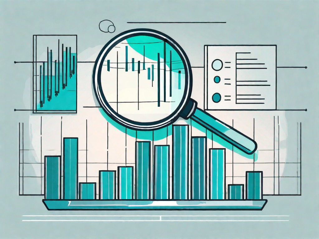 A magnifying glass hovering over a series of bar graphs and pie charts