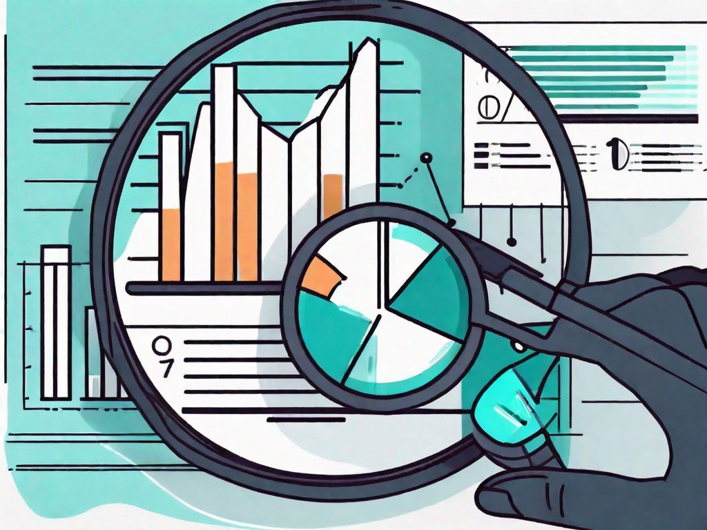 A magnifying glass examining a bar graph and pie chart