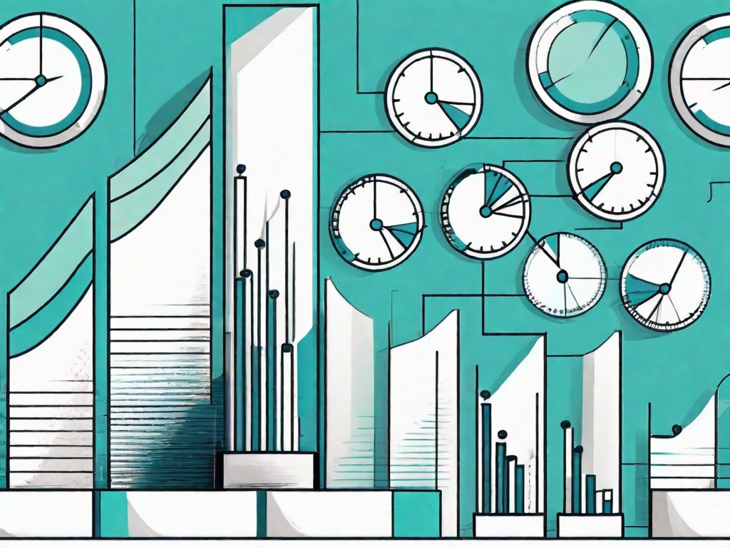 A magnifying glass hovering over a series of bar graphs and pie charts