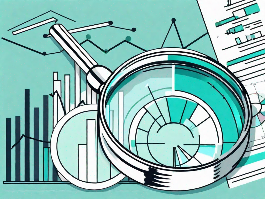 A magnifying glass focusing on a pie chart and a bar graph