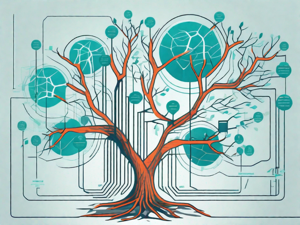 A vibrant decision tree with various branches representing different data outcomes and paths