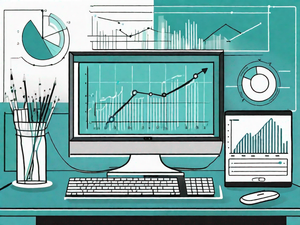 A computer processing data with a series of graphs and charts