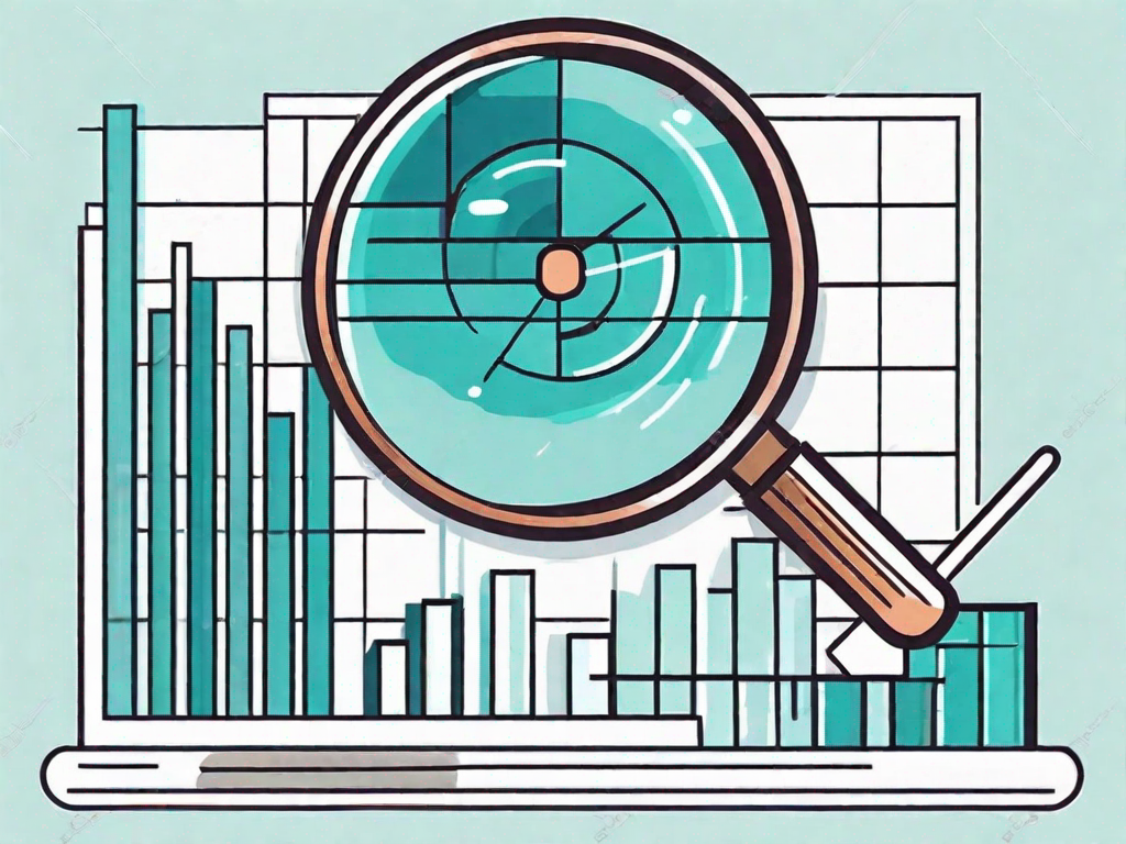 A magnifying glass hovering over a bar graph and pie chart