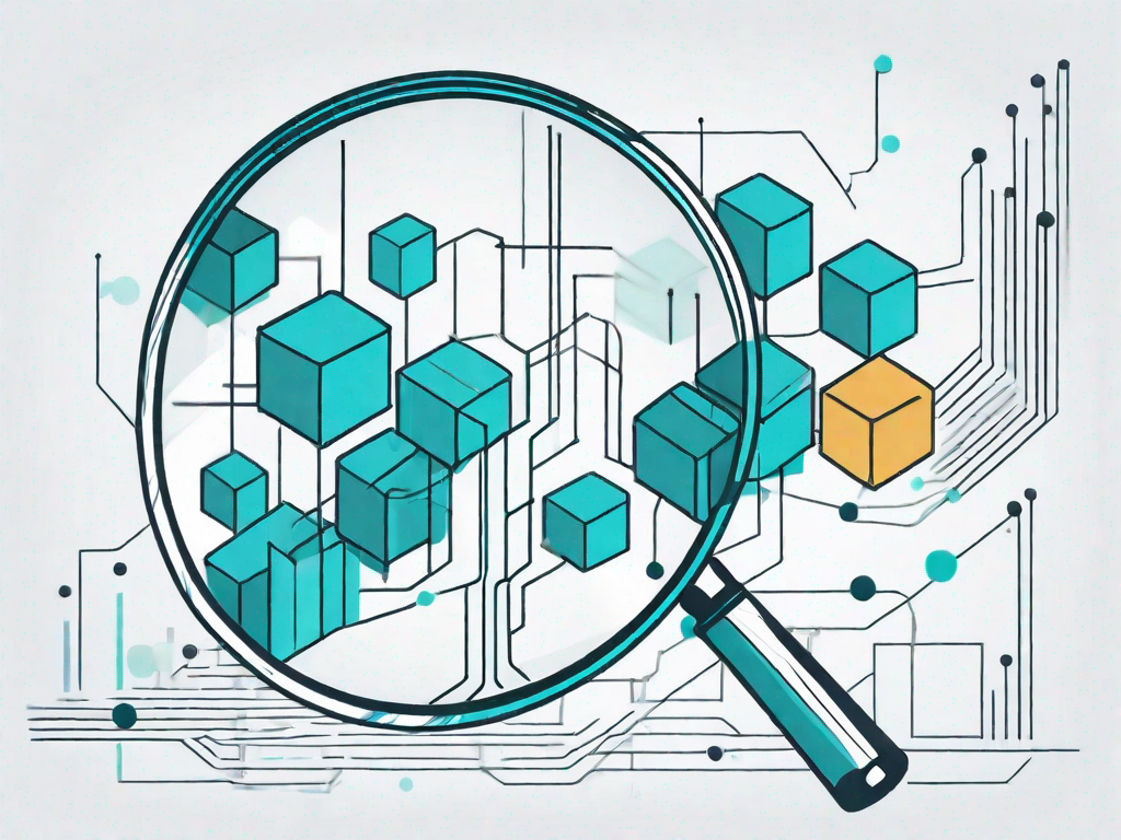 A magnifying glass focused on a cluster of interconnected data blocks