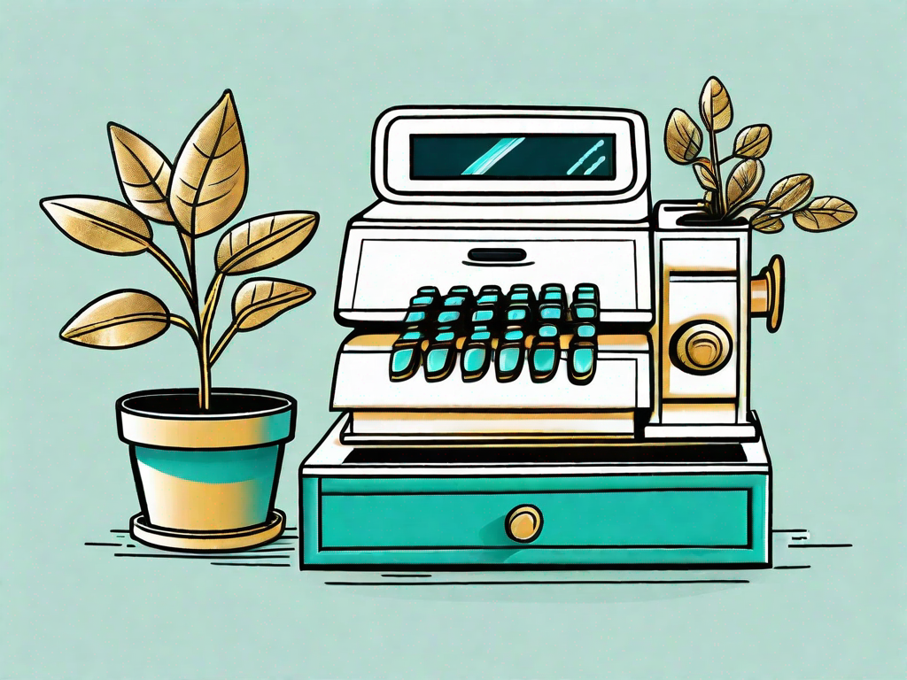 A cash register with a golden key and a growing plant sprouting from the top