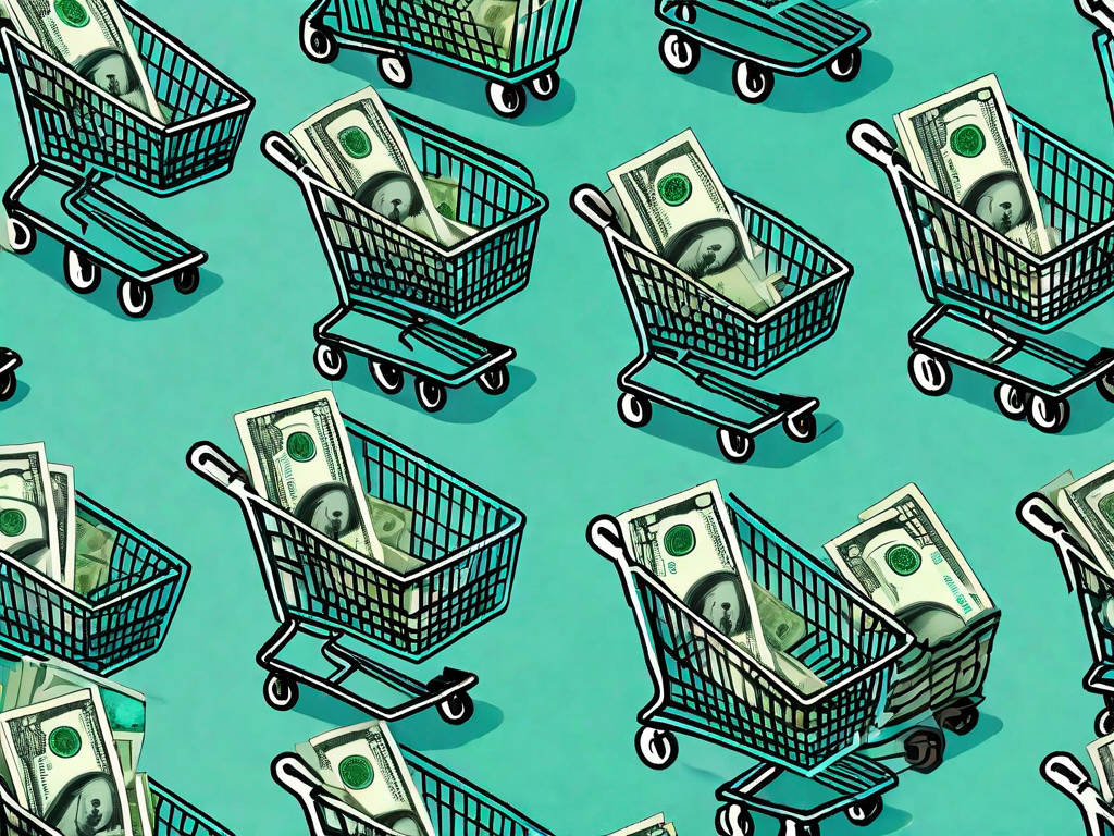 A shopping cart filled with dollar bills