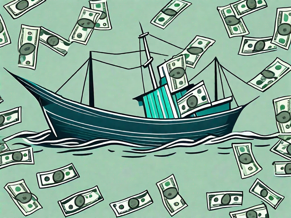 A sinking ship with dollar bills floating around it