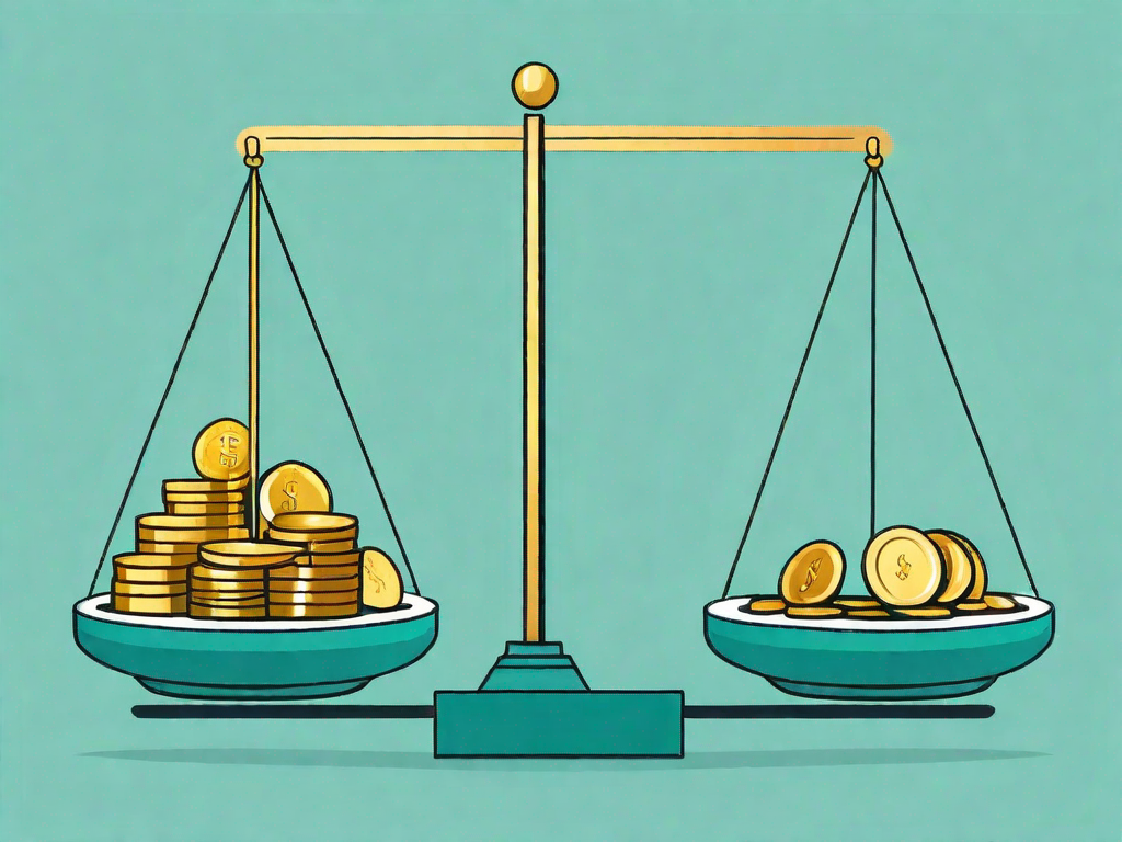 A balance scale where one side is weighted down with gold coins representing revenue and the other side is lighter with fewer coins representing costs