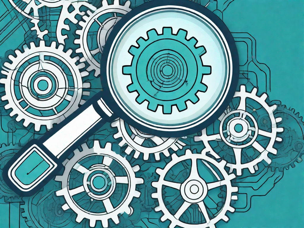 A magnifying glass hovering over a complex network of interconnected gears