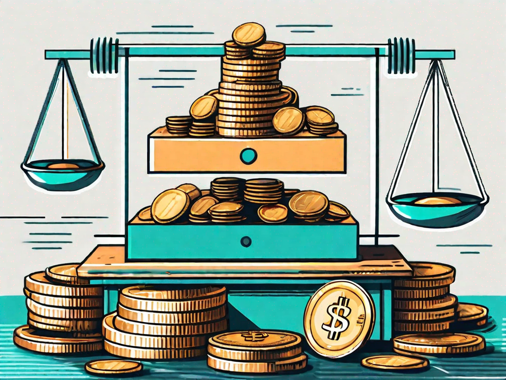 A balanced scale with a stack of coins on one side and a box of goods on the other