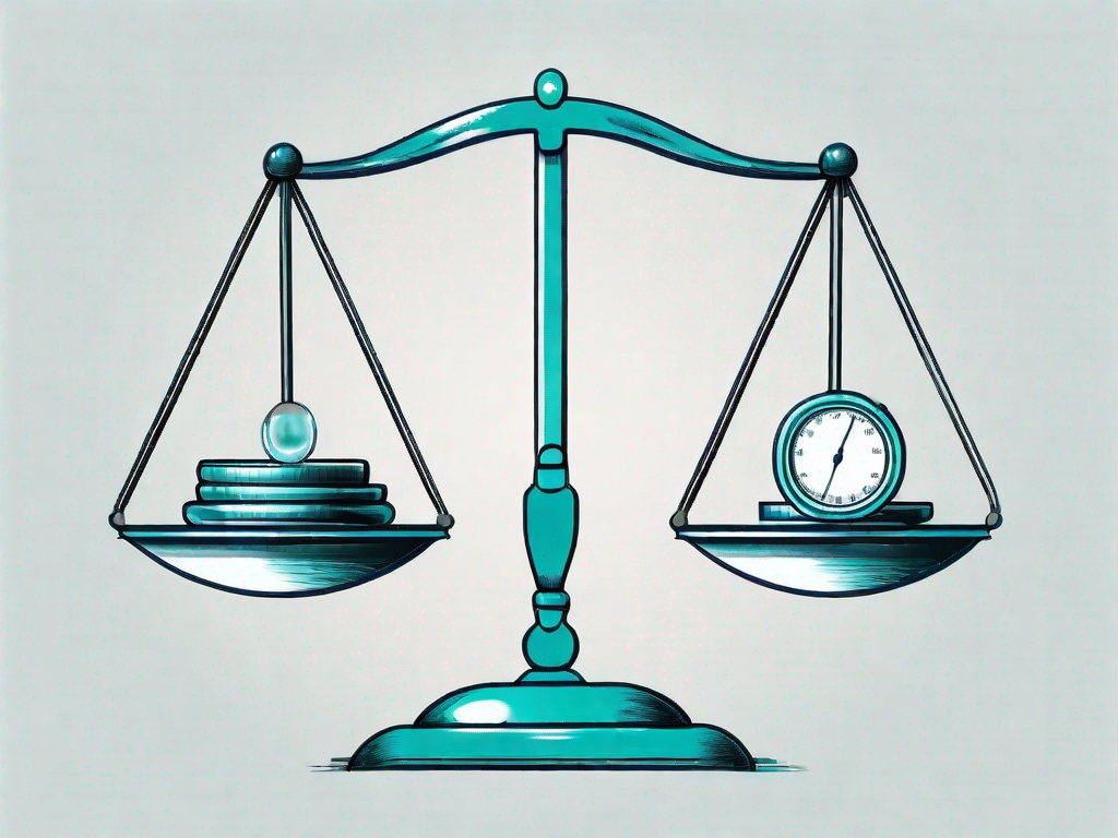 A balance scale with assets on one side and liabilities on the other