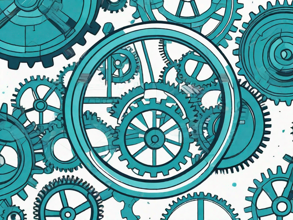 A magnifying glass examining a complex structure of interconnected gears