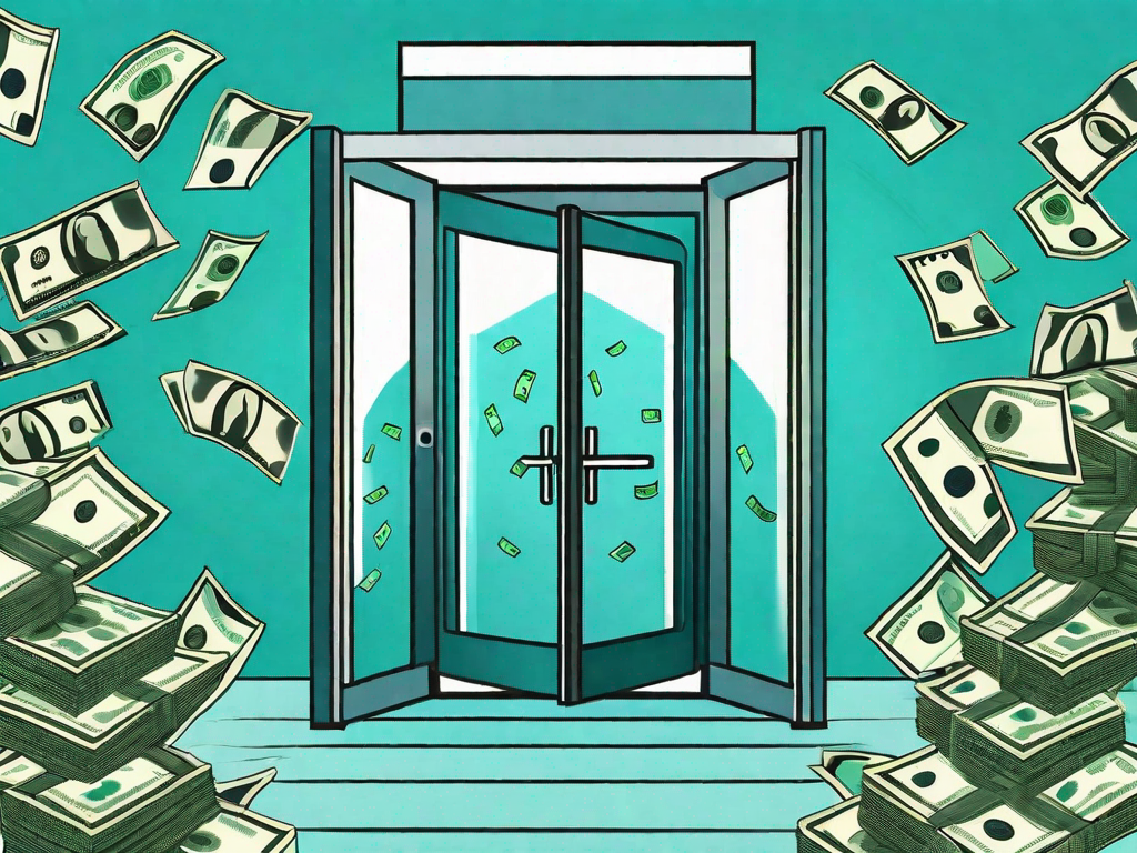 A revolving door with dollar bills flying around it