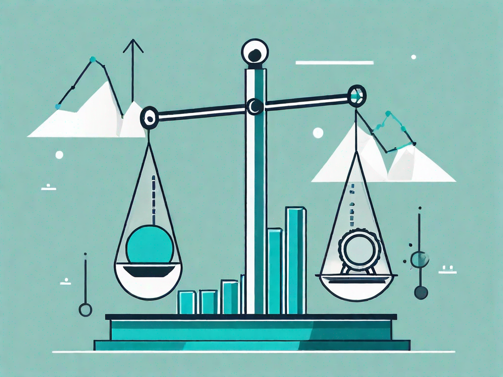 A balanced scale with business-related icons like graphs