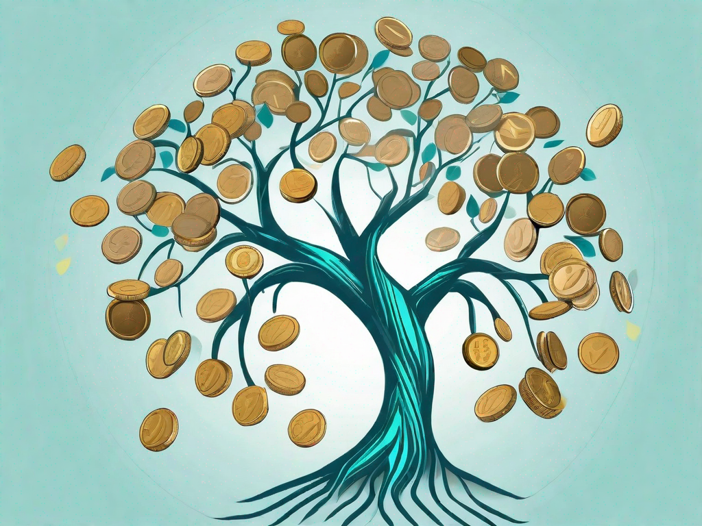 A flourishing tree with different types of coins as leaves