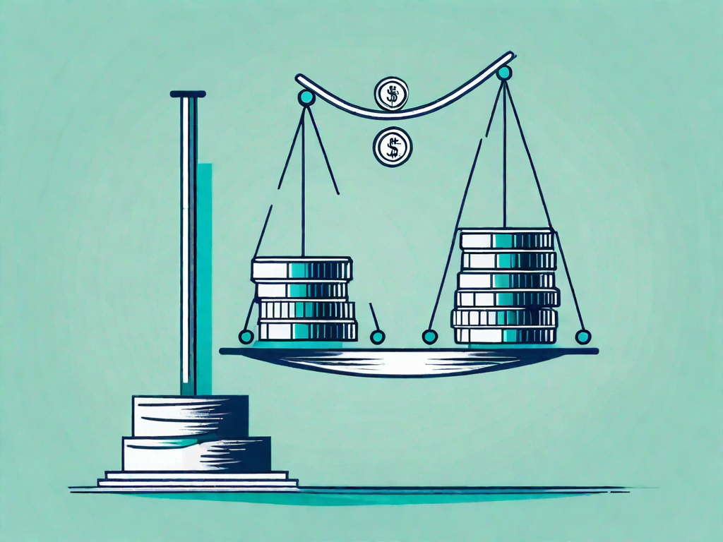 A balanced scale with a stack of coins on one side and a financial graph on the other