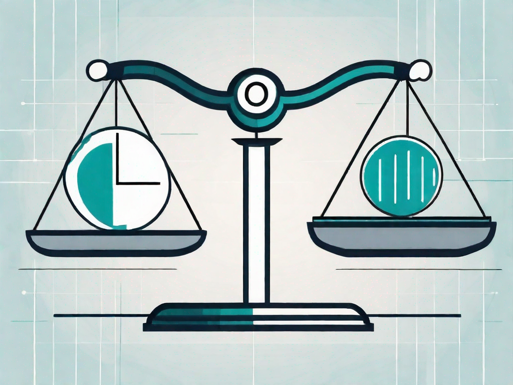 A balanced scale with a financial chart on one side and the greek letter omega on the other