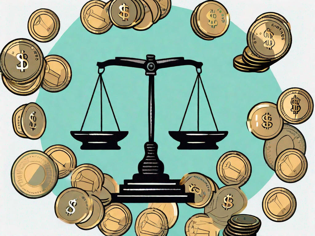 A balance scale with a pile of coins on one side representing fixed charges and a stack of paper bills on the other side representing earnings before interest and taxes