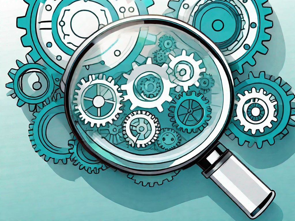 A magnifying glass focusing on various interconnected gears representing different aspects of a business model