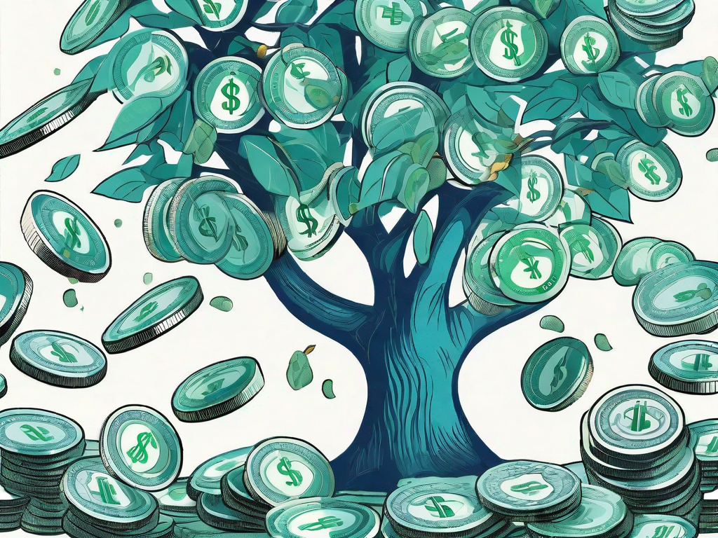 A money tree with coins and dollar bills as fruits