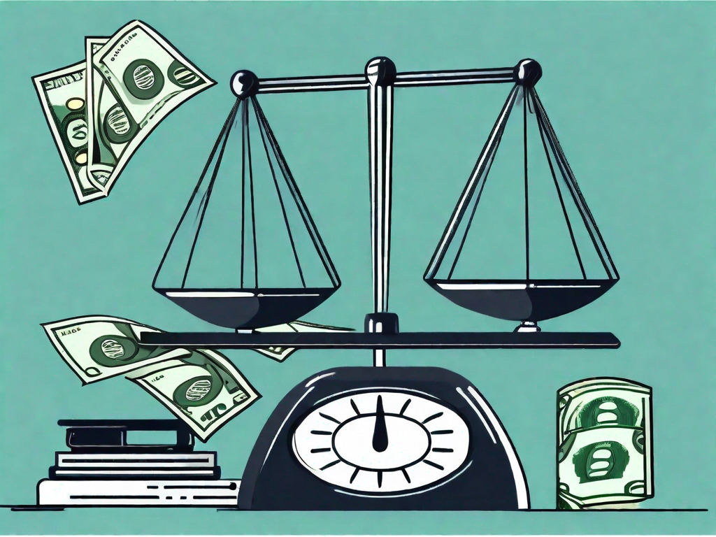 A balance scale with dollar bills on one side and office equipment (like a desk