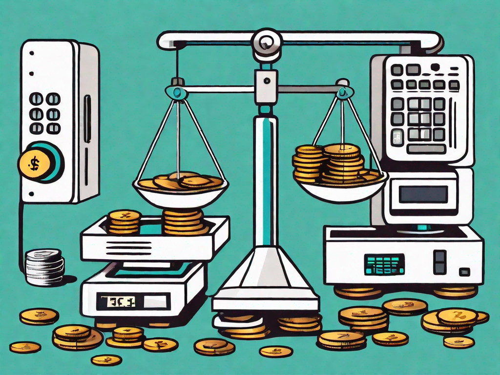 A balance scale with coins on one side and various business-related items like a factory