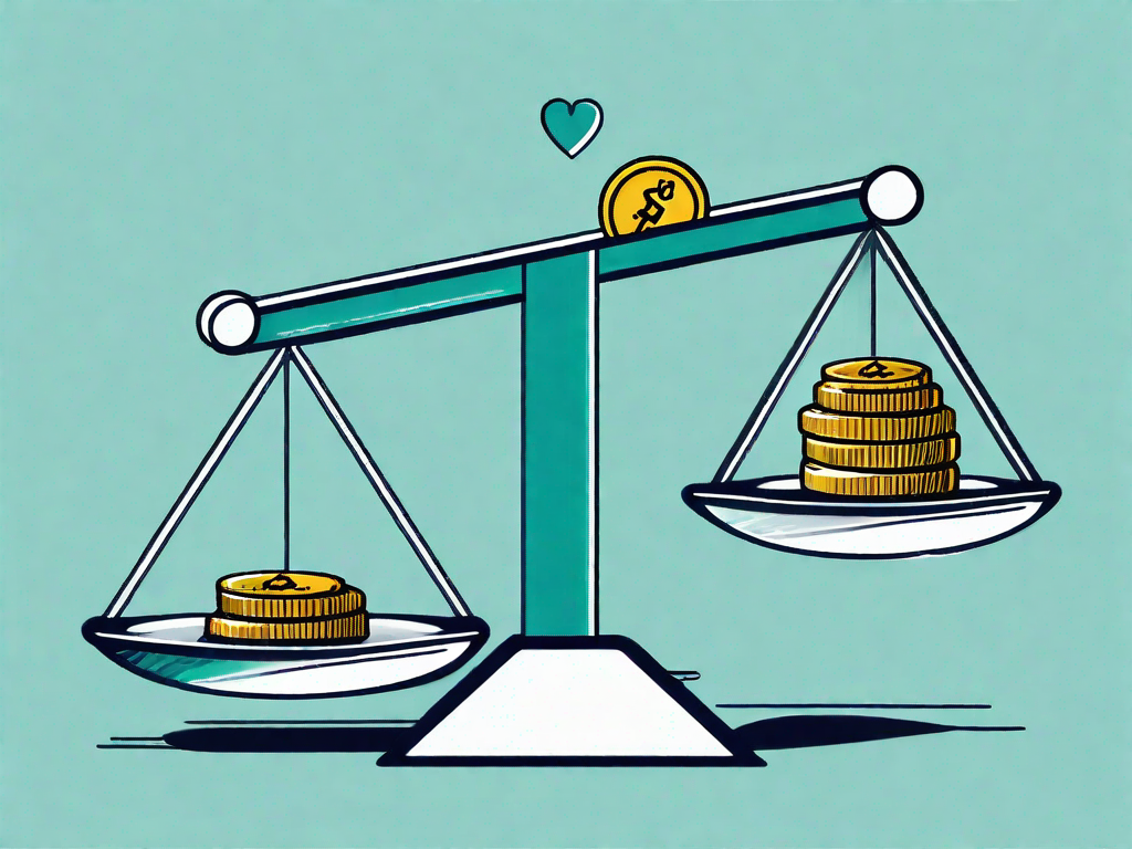 A balance scale with coins on one side and abstract symbols of reputation and customer loyalty (like a heart or a thumbs up) on the other