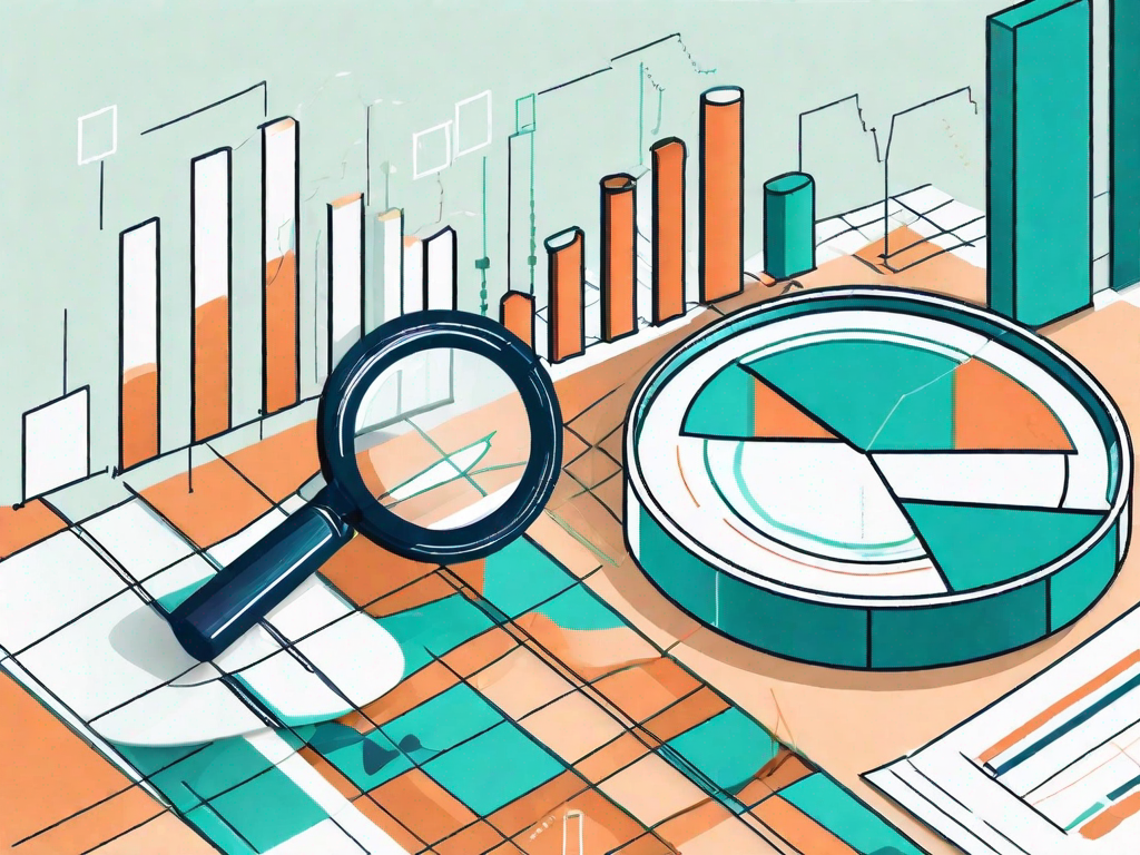 A magnifying glass focusing on a pie chart and bar graph