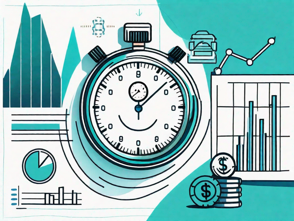 A stopwatch surrounded by various business-related symbols like a bar graph