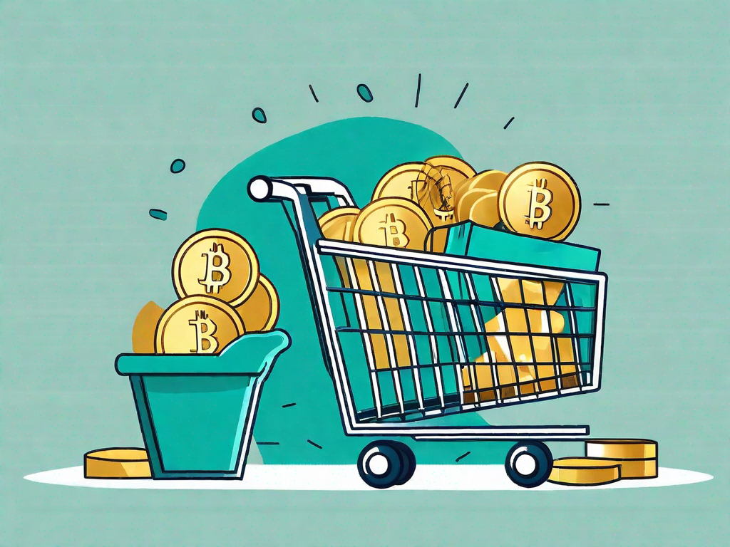 A golden scale balancing a shopping cart filled with various products on one side and a pile of coins on the other