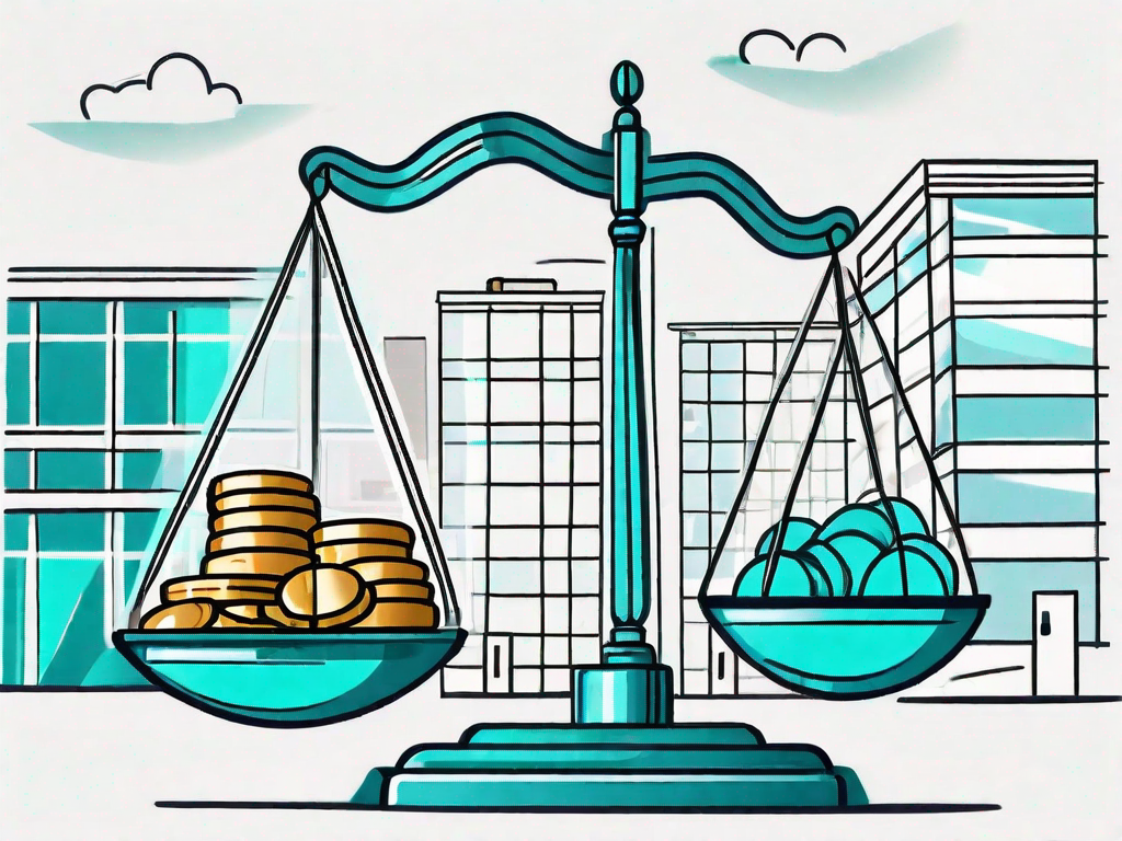 A balanced scale with coins on one side and a small business building on the other