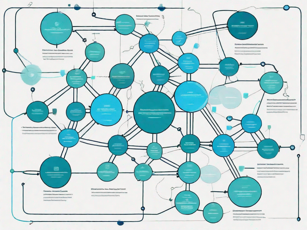 A complex data flow diagram showing various interconnected nodes and pathways