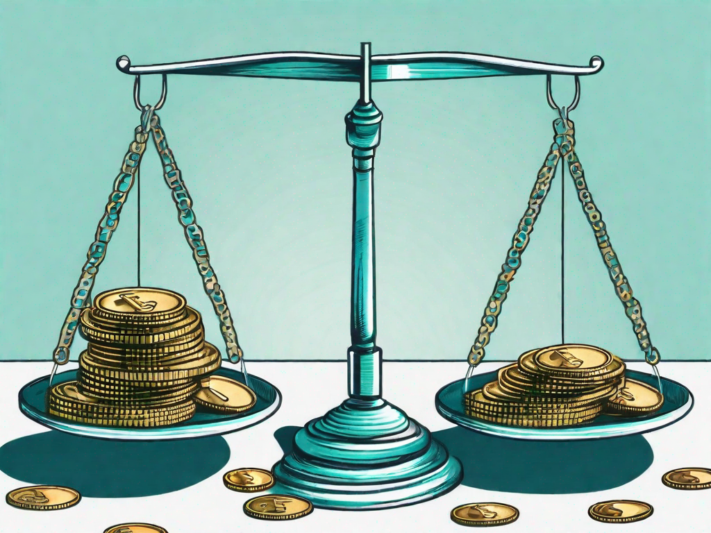 A balance scale with coins on one side representing assets and bills on the other side representing liabilities