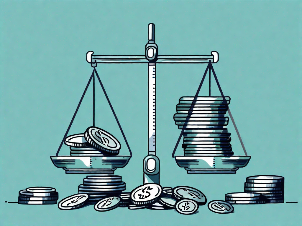 A scale balancing a pile of coins and a stack of bills