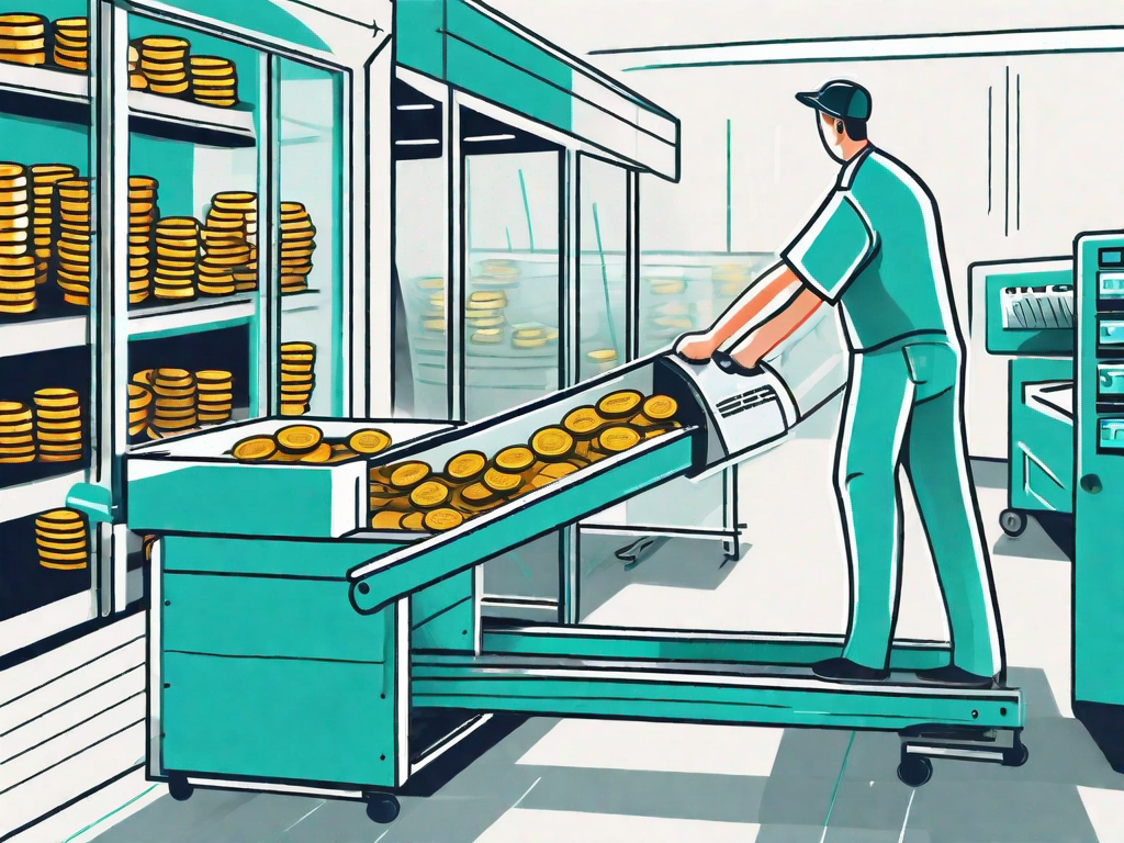 A conveyor belt moving invoices into a large machine that transforms them into coins